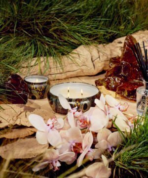 Voluspa aromātiskās sveces Baltic Amber metāla trauciņā kompozīcija